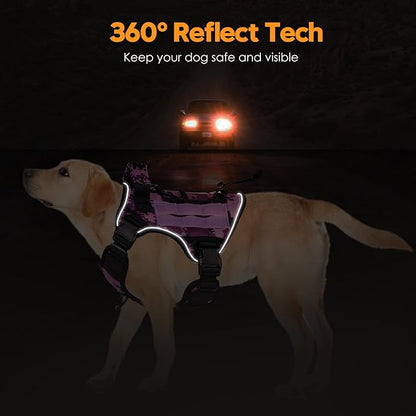 Heavy-Duty Tactical Dog Harness for Large Dogs, No Pull Adjustable Reflective Pet Vest with Molle System, K9 Military-Grade Control for Service Training, Outdoor & 10+ Breeds, Purple Camo, Small