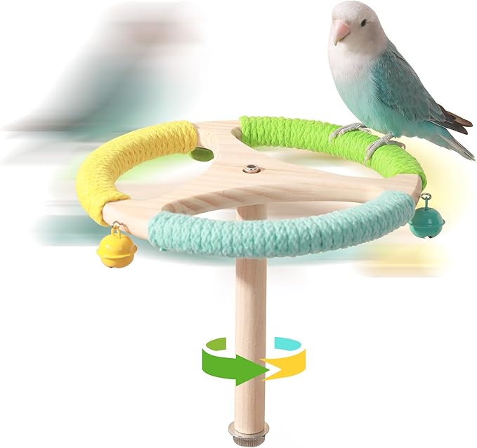 360° Interactive Rotating Bird Perch Toy with Bell - Natural Wood Spinning Cage Accessory for Parakeets, Budgies, Lovebirds, Cockatiels, Conures, Finches and Small/Medium Birds