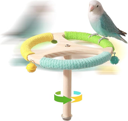 360° Interactive Rotating Bird Perch Toy with Bell - Natural Wood Spinning Cage Accessory for Parakeets, Budgies, Lovebirds, Cockatiels, Conures, Finches and Small/Medium Birds