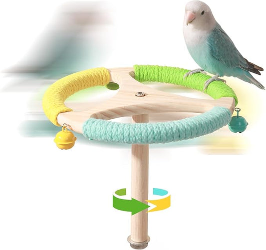360° Interactive Rotating Bird Perch Toy with Bell - Natural Wood Spinning Cage Accessory for Parakeets, Budgies, Lovebirds, Cockatiels, Conures, Finches and Small/Medium Birds