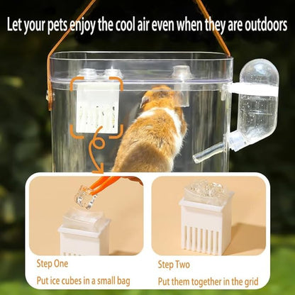 KAMEIOU Travel Small Animals Guinea Pig Cage Carrier for Hamsters Hedgehogs Ferret Guinea Pigs Portable Carrier Cage with Belt Handle Ice Storage Water Bottle 360° Transparent Breathable Box Carriers