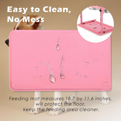 SHAINFUN Pink Elevated Dog Bowl Stand with Two 1700ml Stainless Steel Food Bowls, Slow Feeder and Spill Proof Mat, Adjustable Feeder for Large, Medium and Small Dogs