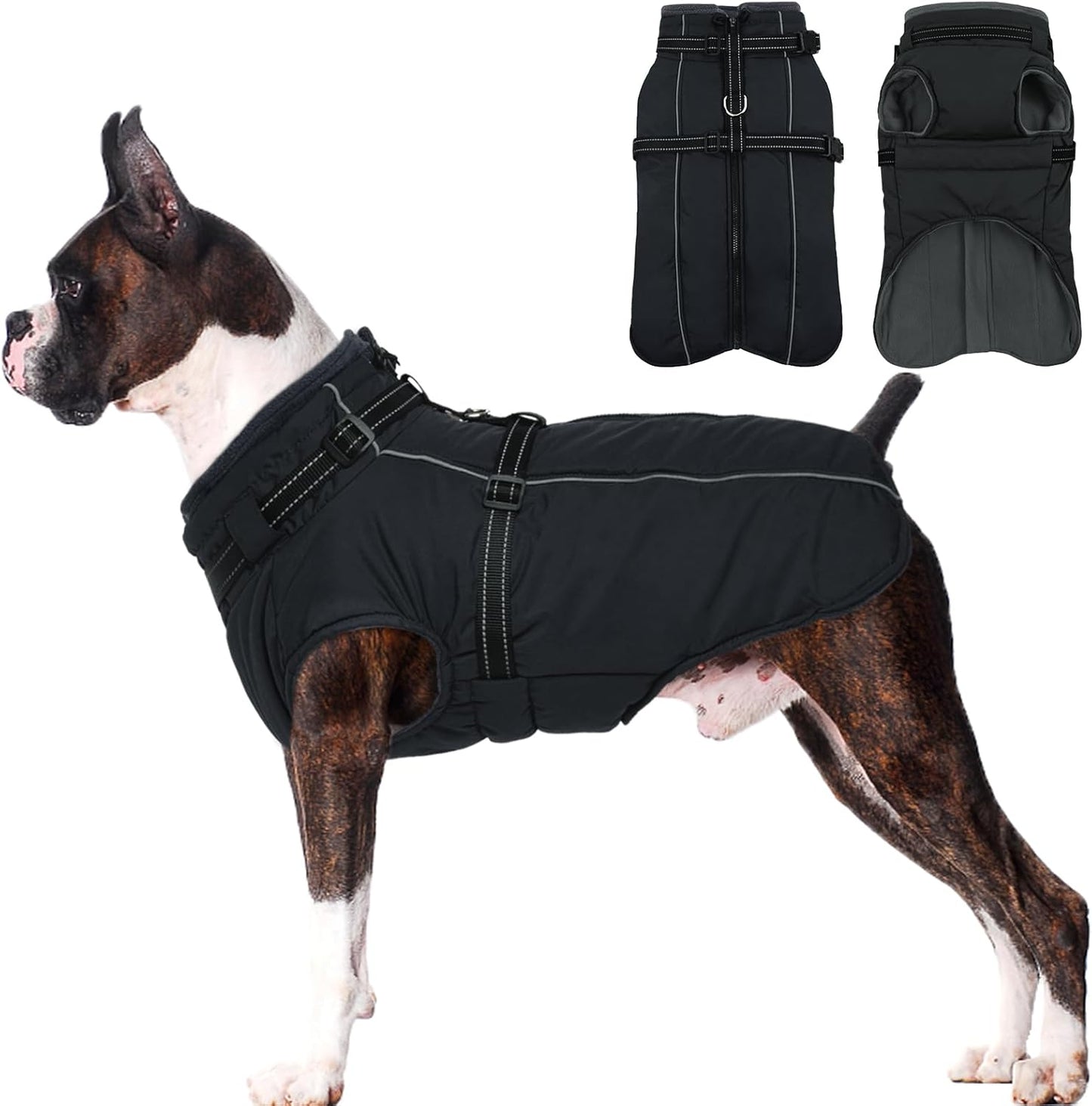Lelepet Dog Coat for Large Dogs Waterproof Dog Jacket with Harness Built in Reflective Fleece Jacket with Zip Warm Winter Coats for Dogs Cold Weather Thermal Pet Snowsuit, Border Collie, Black, XL