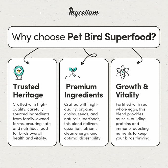 Mycelium Pet Bird Superfood | Bird Seed for Parakeets, Finches, Canaries | Vitamin-Enhanced Mix with Egg, Millet, Canary Seed, & Kelp | Feather & Molting Support | Organic & Non-GMO 5 lb Bag