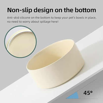 Ceramic 5.1inch Raised Double Bowls Set with Wooden Stand, Elevated Food & Water Bowls for Small Breed Dogs, Cats, Kitty, Weighted Dog Dishes, Pet Bowls(13.5oz, Beige)