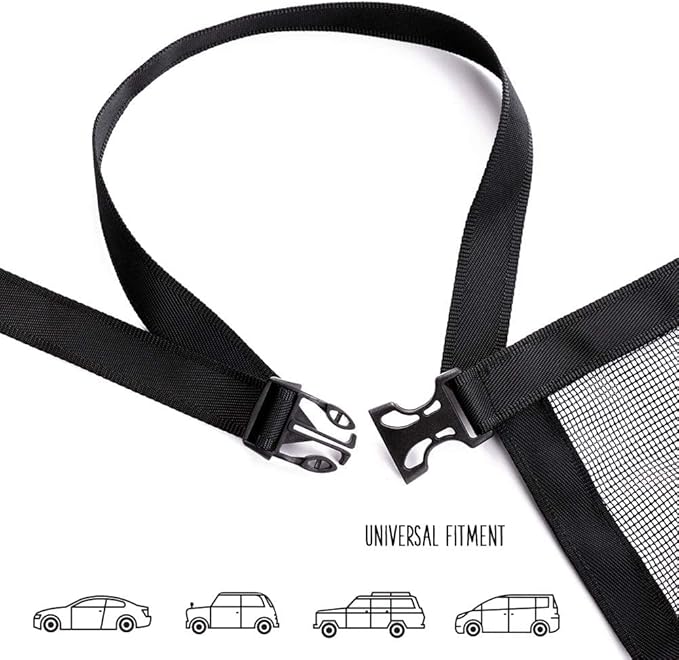 Dog Car Net Barrier - Universal Fit Sturdy Mesh, Easy to Install, Convenient for Air Conditioning, Easy to Clean & with Flexible Bungee Cords for Seat Movement