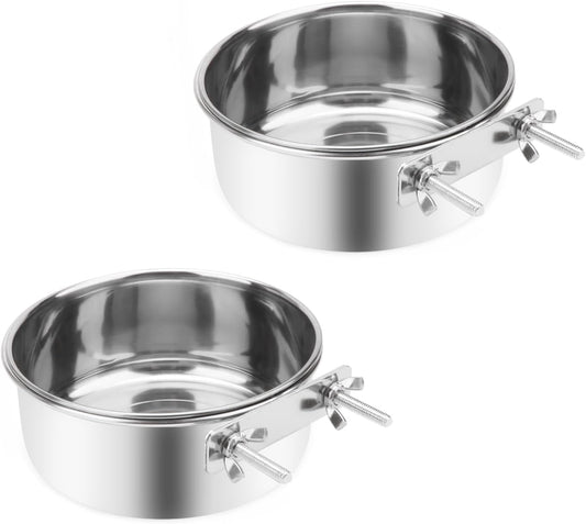 Wontee Pet Food Water Bowl with Clamp Holder Stainless Steel Feeding Cups Feeder for Dog Bird Parrot Cat Rabbit, 2 Packs (L)