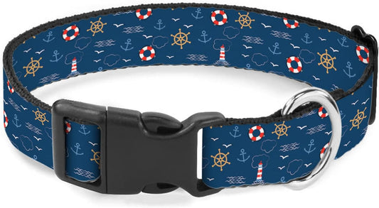 Nautical Anchor Dog Collars Navy Blue Light House Seagull Soft Adjustable Collar Strap for Small Medium Large Dogs Cats Pet