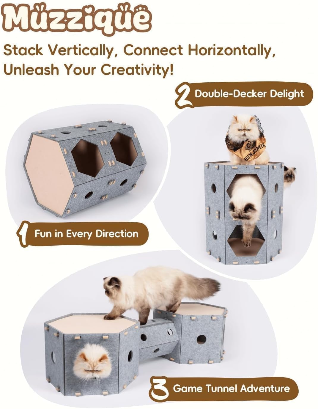 Large Cat House for Indoor Cats&Small Dogs, w/Hair Brush, DIY Expandable Felt Pet Tunnel Castle, Modular Multi Layer Kitten Nest, Peekaboo Kitty Cave, 3 Perch Puppy Bed Furniture, 3 Tier XL Platform