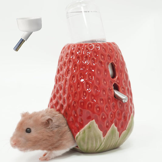 Hamster Water Bottle, Strawberry Ceramic Hamster Gerbil Water Bottle for Glass Tank, Dispenser, 80ML Bottle for Water Holder Stand with 2 No Drip Caps for Syrian Mice, Gerbil