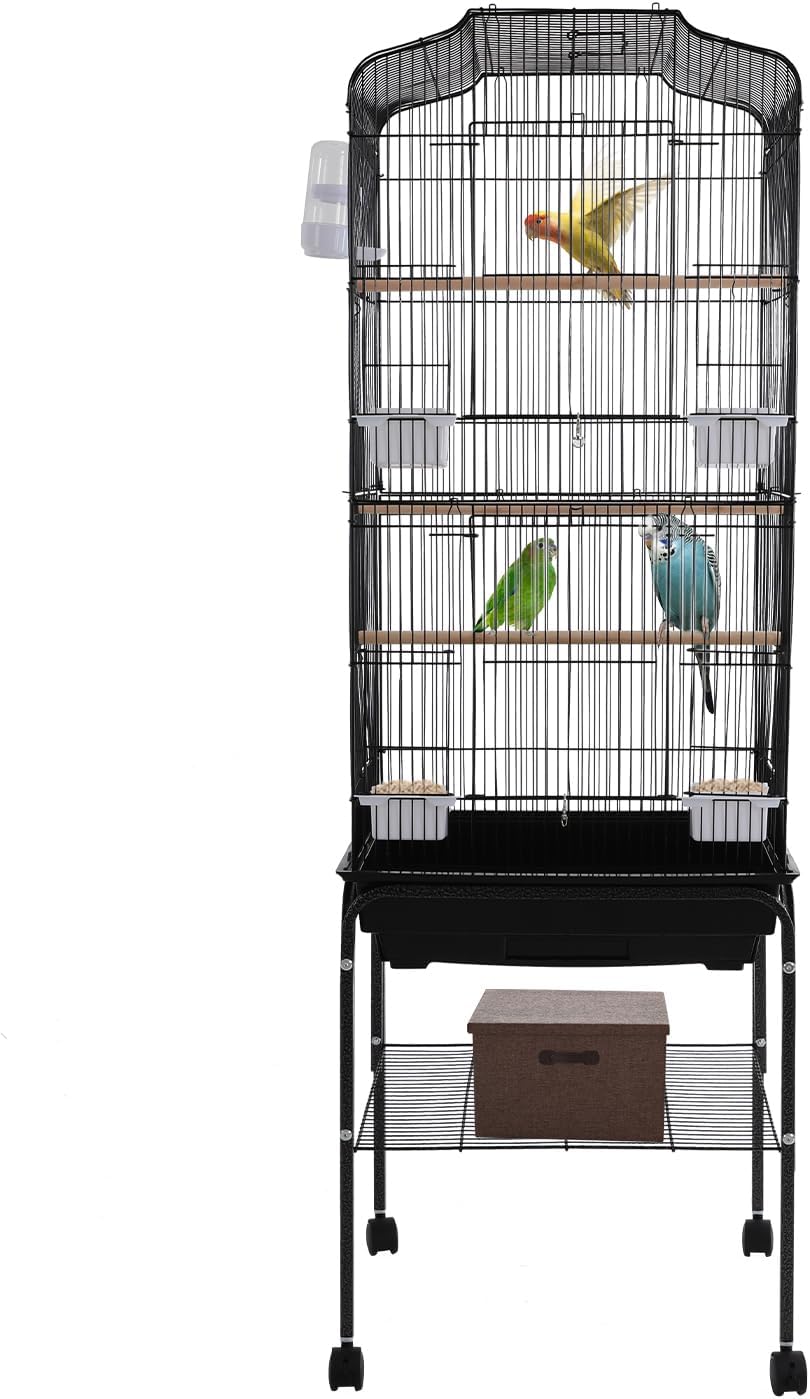 Extra Large Bird Cage, 54" Rolling Breeding Flight Bird Cages w/ 360° Wheels, Open Play Top Bird Cage with Detechable Stand for Parrots, Caiques, Macaw (Black)