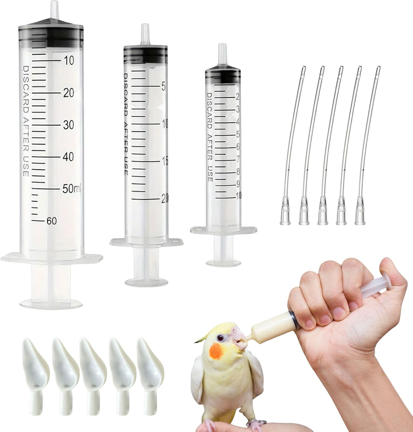 Baby Bird Feeding Syringe Set, Pet Parrot Milk Feeding Syringe with Tubes, Parrot Feeding Tubes Measuring Tools for Feeding Pets Scientific Industrial Labs… (10ml+20ml+60ml)