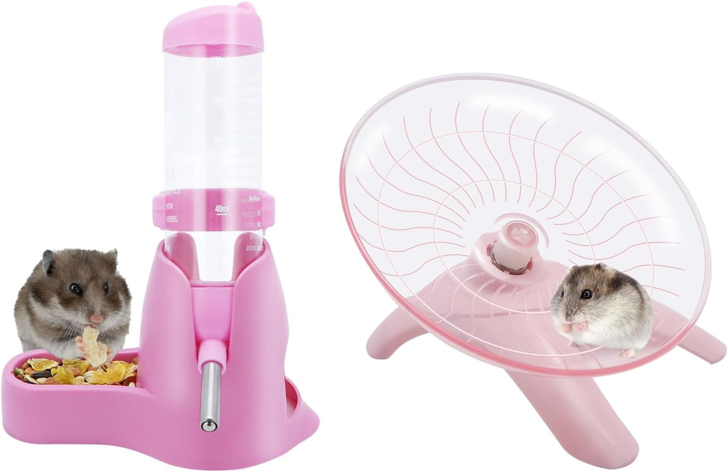 Wontee Hamster Water Bottle Water Dispenser Hamster Silent Exercise Running Wheel for Dwarf Hamsters Gerbil Mice (Pink, 125ML)