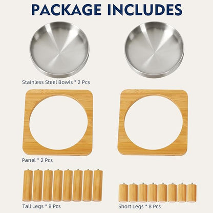 Elevated Cat Bowls for Indoor Cats – Raised Bamboo Cat Bowl Stand with 5.5 Inch Wide Stainless Steel Dishes, Pet Food Table Plate for Easy Feeding, Whisker Friendly(Silver,Set of 2)