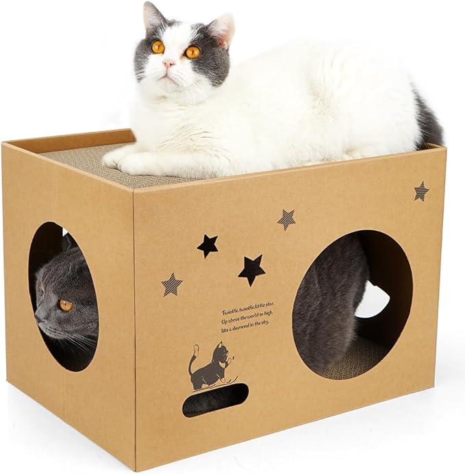 Cat Cardboard House with 2 PCS Scratching Pads，Large Cat Scratcher Bed Cat Scratchers Lounge for Indoor Cats with Corrugated Board Detachable Cat Scratcher Box for Cats.(Star)