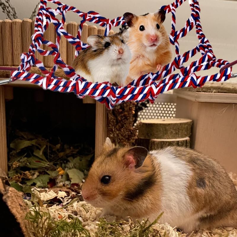 2 Pcs Cotton Rope Hammock & Bridge with 4 Hooks for Cage Accessories - Rat, Bird & Hamster (12.6 x 9.84 inch, Red)