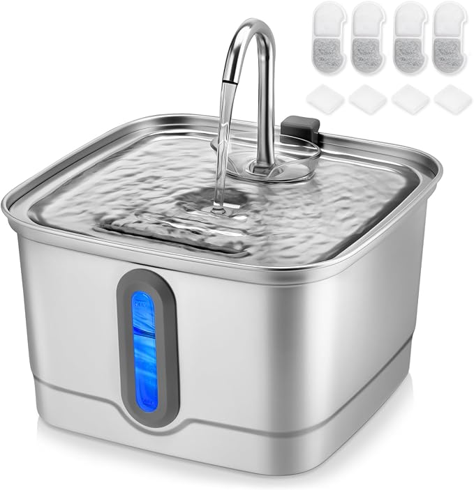 Stainless Steel Cat Water Fountain, 101oz/3L Automatic Pet Water Fountain, Dog Water Fountain with Replacement Filters for Cats, Small Dogs (4 Filters and 4 Sponges)