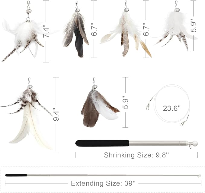 SONGWAY Cat Feather Wand - 7 Pcs Interactive Toys for Indoor Kitten, Retractable Wand With 6 Natural Feather Refills and Bell, Fishing Pole Toy