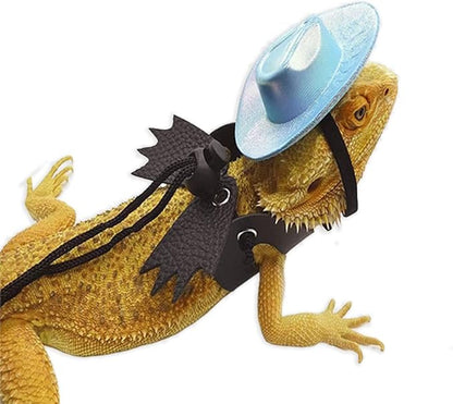 Adjustable Bearded Dragon Leash Harness with Hat Set,3 Size Pack Leather Wings Safty Walking Leash for Bearded Dragon Lizard Reptiles (Purple Hat and Silver Harness Set)