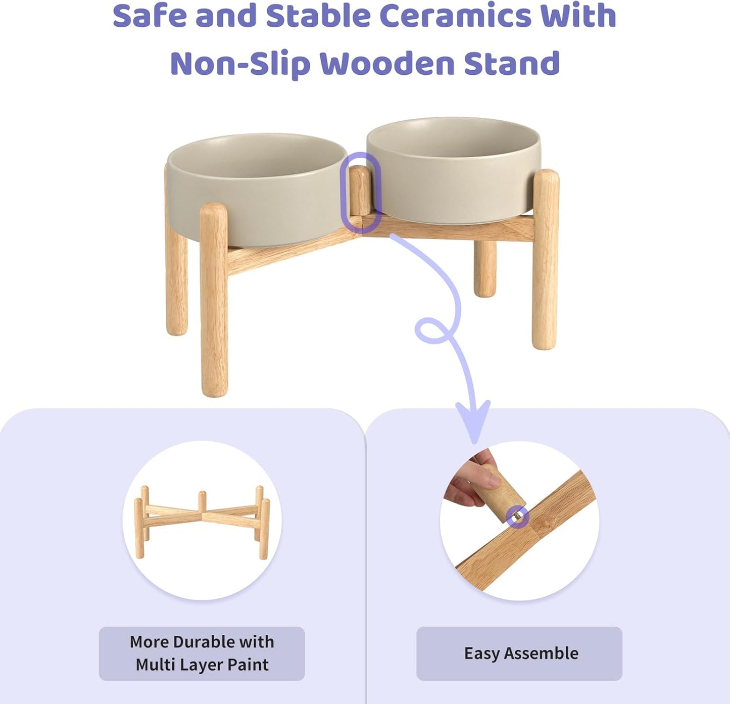 SPUNKYJUNKY Ceramics Elevated Dog Bowls with Wooden Stand Raised Dog Bowl for Medium Large Dog Food and Water Pet Feeding Bowl(Double 60OZ Bowls,Grey)