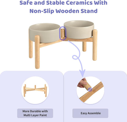 SPUNKYJUNKY Ceramics Elevated Dog Bowls with Wooden Stand Raised Dog Bowl for Medium Large Dog Food and Water Pet Feeding Bowl(Double 60OZ Bowls,Grey)