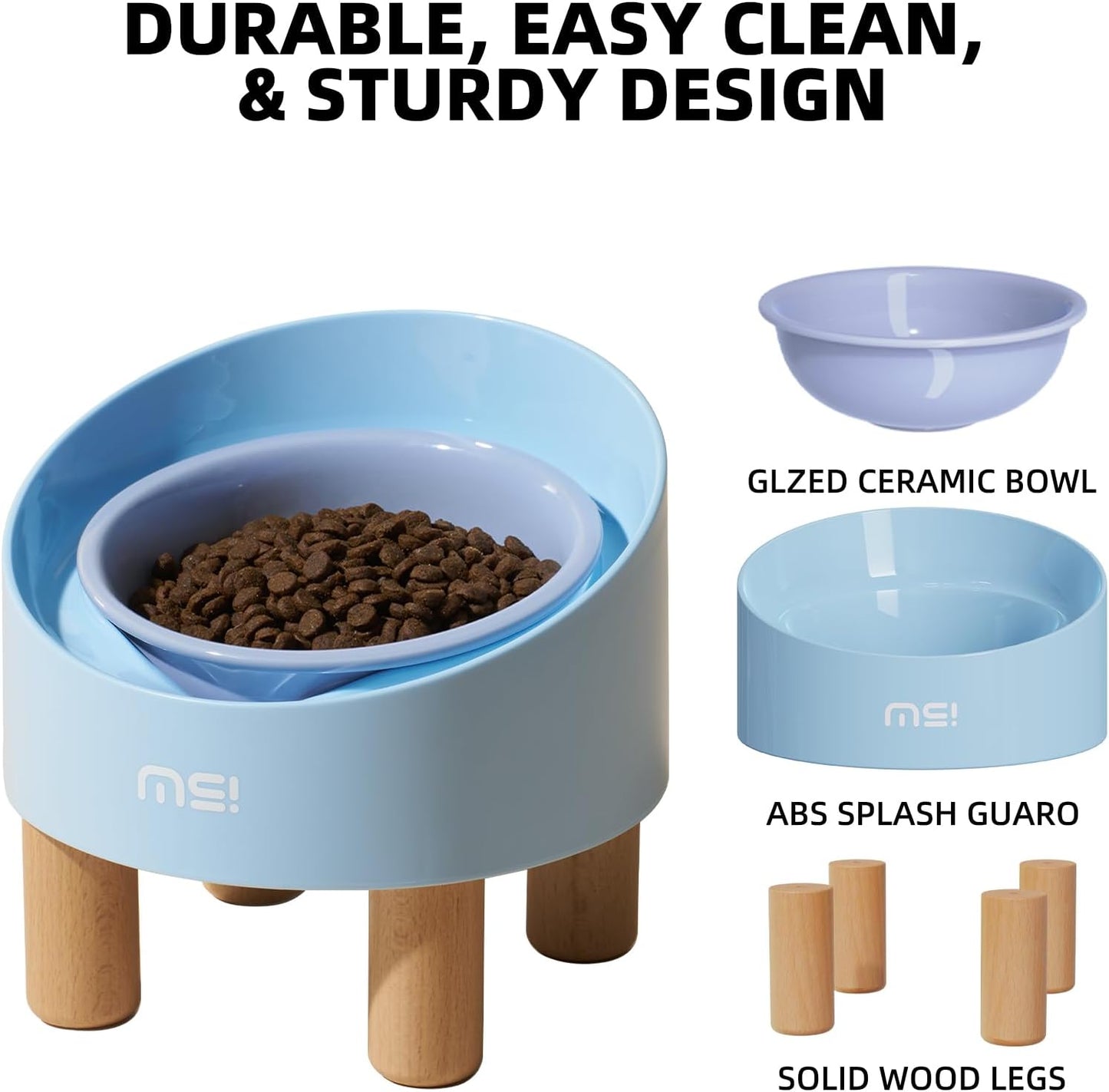 MS!MAKE SURE Cat Bowls, Adjustable Elevated Ceramic Cat Bowls with Anti-Slip Rubber Pad, Splash Guard, Lead & Cadmium Free, Whisker Friendly, for Puppies & Cats - 5.1" Wide, 295ML (10 oz), Blue