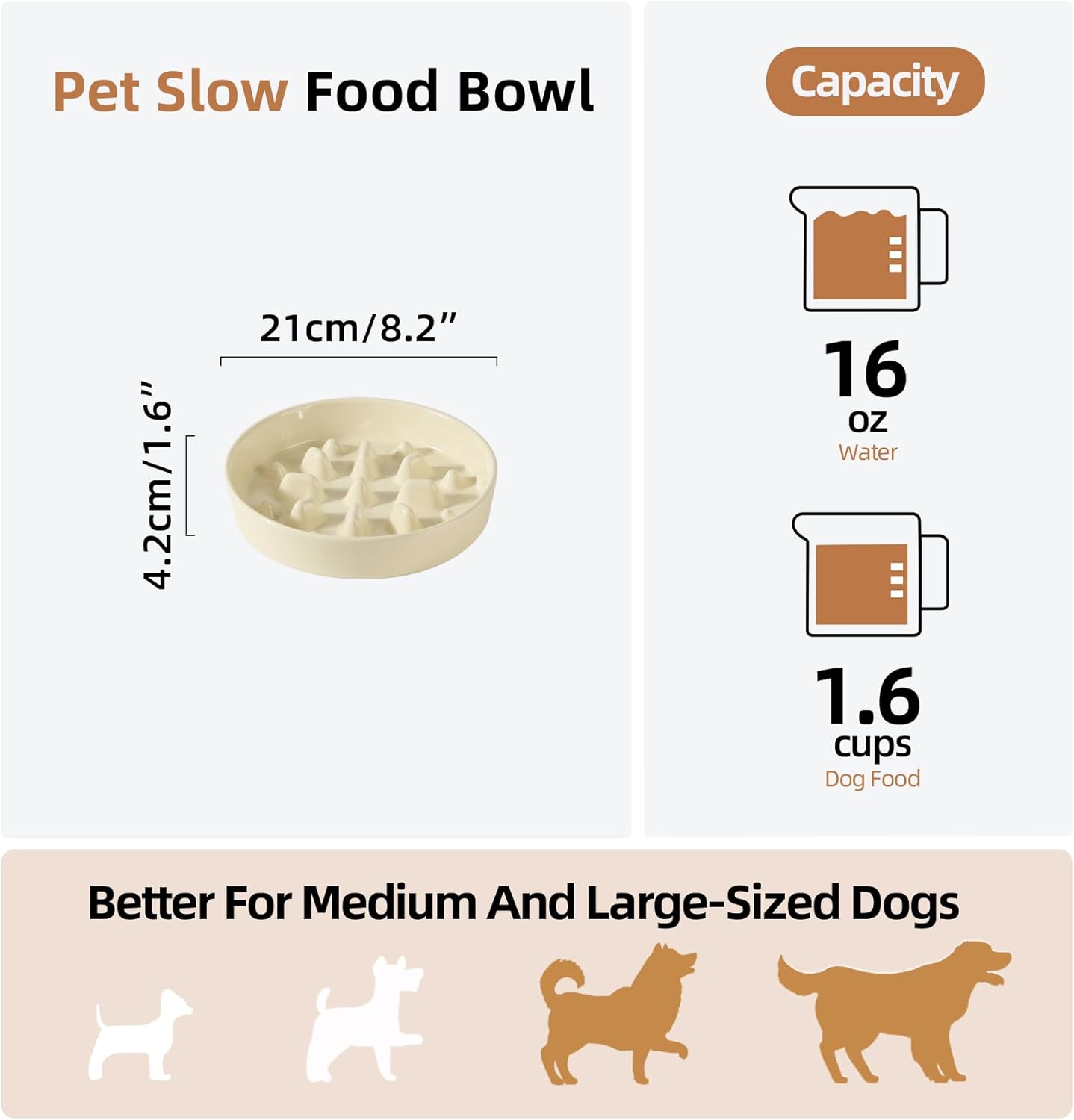 Ceramic 1.6 Cup Dog Bowl Slow Feeder, 8.2 inch Slow Pet Food Dish for Medium and Large Dog, Stop Bloat, Preventing Choking(Single Bowl, Beige)