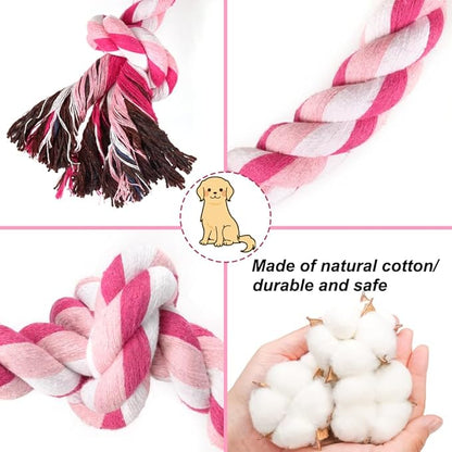 SZEE Dog Rope Toys, 24 in 3 Knots Chew Rope for Small, Medium and Large Dogs, Natural Cotton Pet Pull Toy for Tug of War and Teeth Cleaning (Pink)