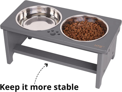 HTB Elevated Dog Bowls, Raised Dog’s Food Stand with 2 Stainless Steel Bowls, Elevated Raised Dog Dishes for Large Medium Small Sized Pet Sturdy Bamboo Food Feeder Natural