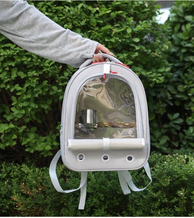 Bird Traval Carrier Cage, Multi Vent Holes Clear Space Capsule Astronaut Backpack to Carry Parakeet Cockatiel Parrot with Metal Tray Wood Perch, Vet Transport Book Bag (Grey)