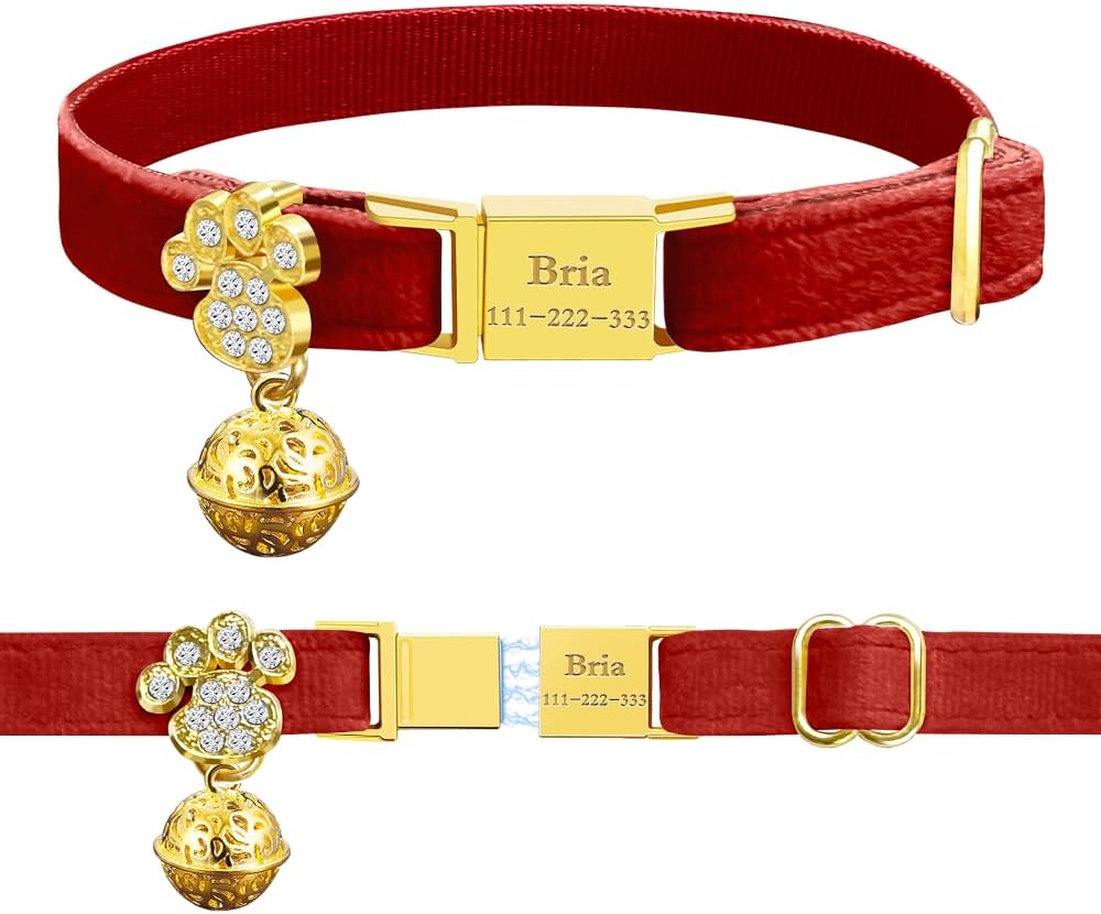 Personalized Breakaway Cat Collars - Magnetic Buckle, Bell - Safety Quick Release, Customized for Girls & Boys Cats- (Velvet-Red)