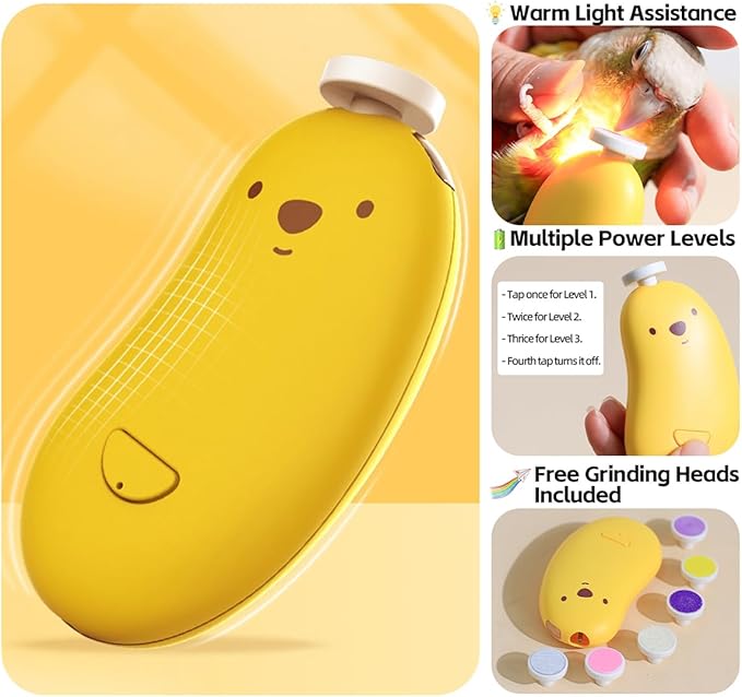 MANON ROSA Bird Nail Grinder, Bird Beak Grinder- Safe and Quiet Bird Nail Care Tool, Complete Grooming Kit for Parrots Conures Cockatiels Finches Parakeets, Premium Beak Maintenance (Yellow)