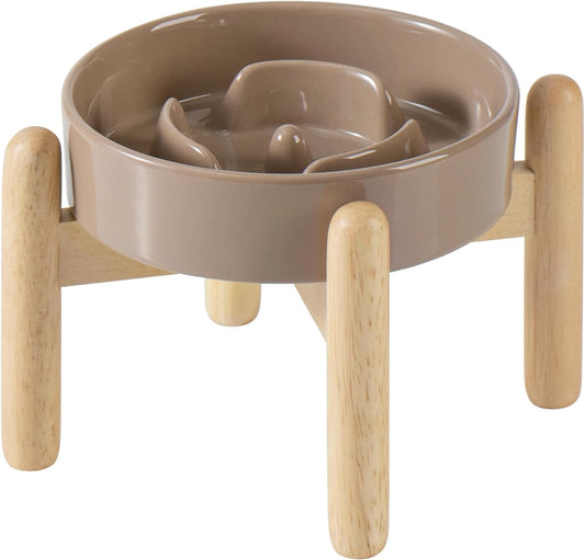 Ceramic 0.9 Cup Raised Dog Slow Feeder Set, Elevated Bowl with Wooden Stand for Small Dog and Cat, 6.1inch Puzzle Slow Dog Food Dish, Preventing Choking(Brown Coffee, Single Bowl+ Stand)