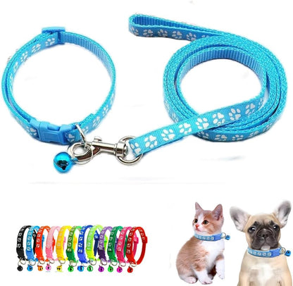 Puppy Collar XS with Bell Leash Set,Nylon Basic Reflective Puppy Collars Paw Print for XXS Xs Small Cat Pet Animal Litter Tiny Kitten Boy Girls, Light Blue