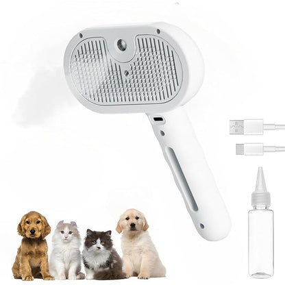 Pet Steam Brush for Cats and Dogs, 3 In 1 Steamy Cat Brush with Release Button and Tank, Anti-Static Pet Spray Hair Removal Comb, Rechargeable Dog Steam Comb for Furry (White)