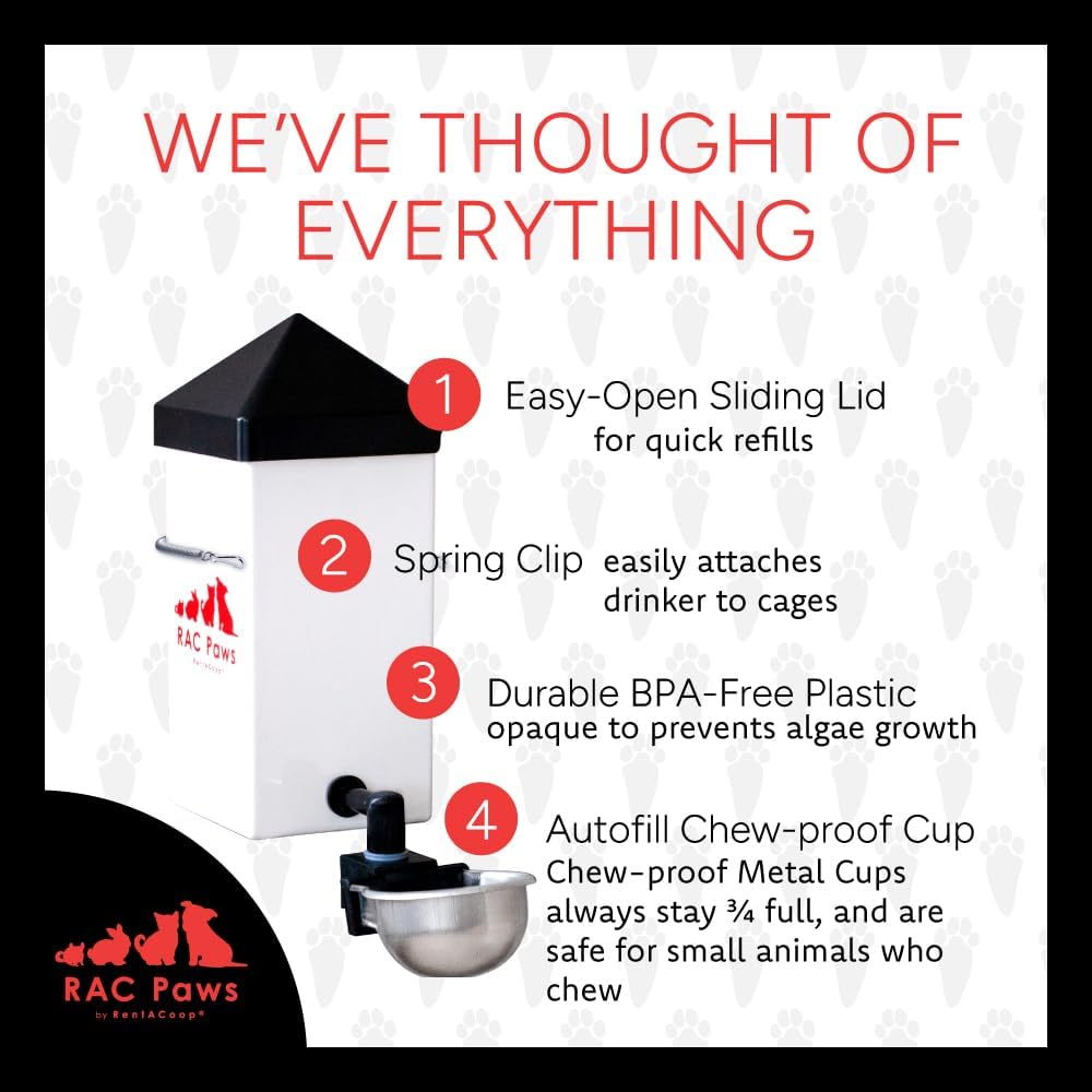 RentACoop No-Drip 32oz Small Animal Drinking Bottle with Auto-Fill Metal Cup for Small Pet/Bunny/Ferret/Hamster/Guinea Pig/Rabbit/Chinchilla/Mouse/Rat. Food Grade Plastic