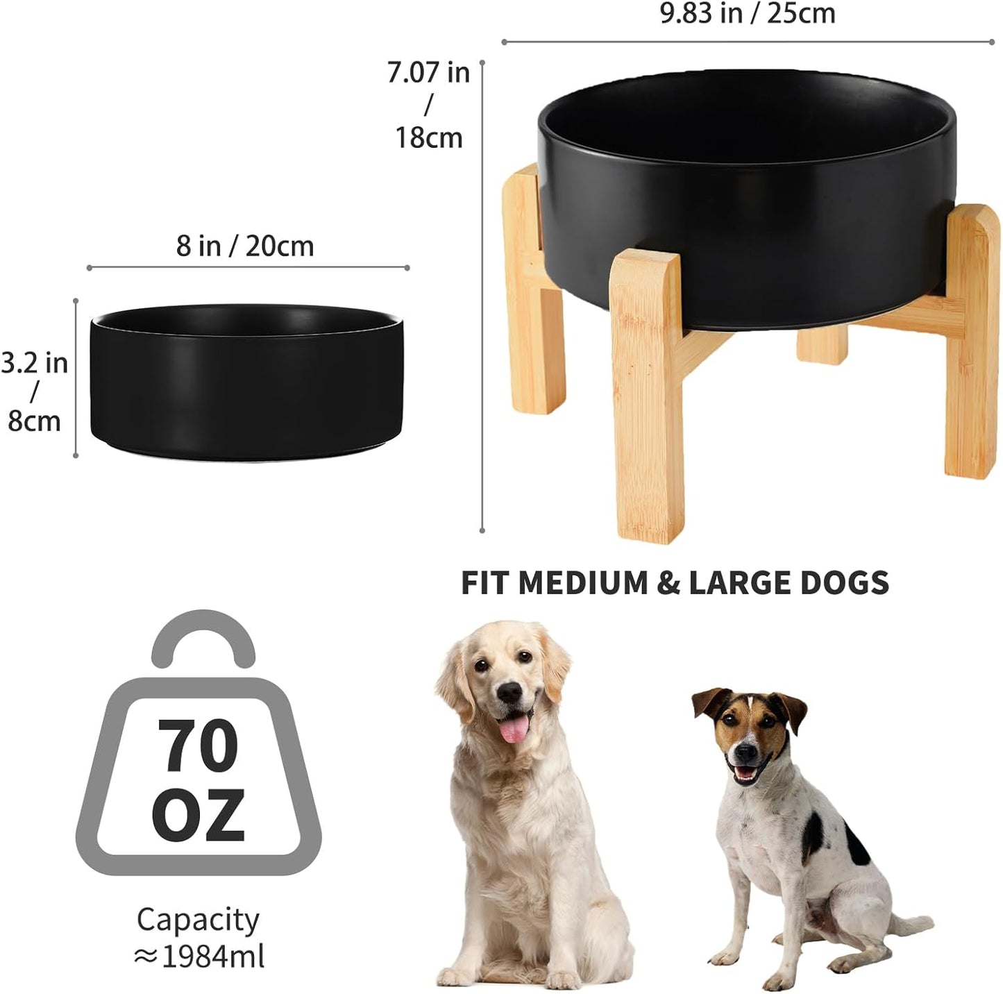 8'' Ceramic Raised Dog Bowl - 70Oz Dog Food & Water Bowl with Elevated Non-Slip Bamboo Stand, Dishwasher & Microwave Safe, Anti Vomiting Heavy Duty Pet Bowl for Medium and Large Dogs, Black