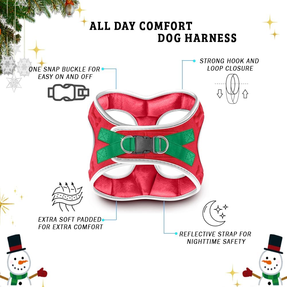 Comfort Fit Christmas Step-in Dog Harness – Festive All-Weather Dog & Puppy Harness | Adjustable, Soft Padded, No-Pull Holiday Vest for Small & Medium Dogs, Easy to Put On, Secure Buckle Fit
