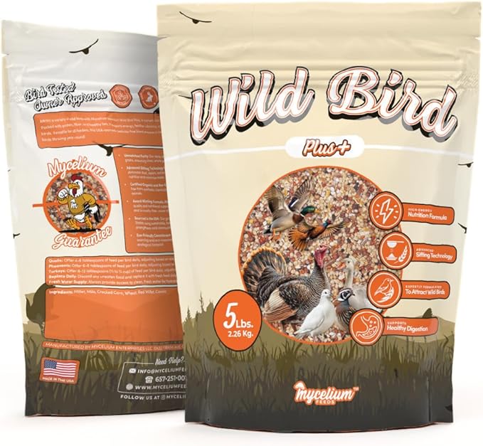 Mycelium Wild Bird Plus Feed (5 LBS) | Organic, Shell-Free Bird Seed for Doves, Pigeons, Quail & Game Birds | Clean, Low-Mess Wild Bird Food for Outside Feeders | No Sunflower | Non-GMO, Made in USA