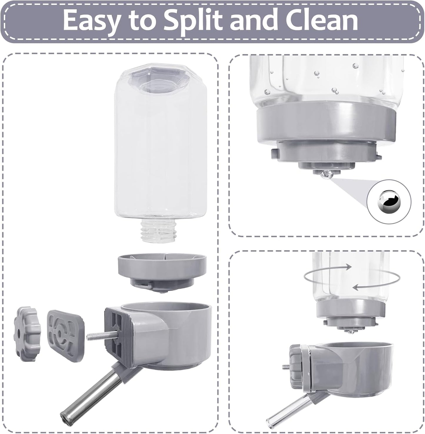 LOS ANDES No-Drip Water Bottle/Feeder for Guinea Pigs/Hamsters/Bunnies/Ferrets/Squirrel/Hedgehog/Other Small Pets, Weather Resistant Cage Water Dispenser for Dogs/Cats, 18.5oz, Gray