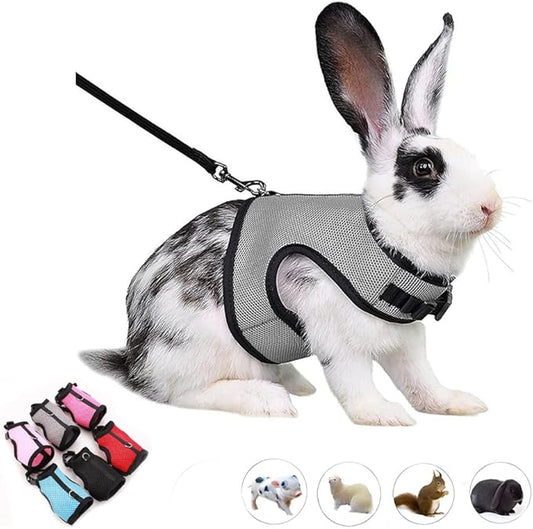 Rabbit Harness and Leash, Hamster Leash Bunny Vest Mesh Eescape Proof Walking Training for Small Animal Pets Rat Squirrel Ferret Guinea Pig Bunnies, Grey L