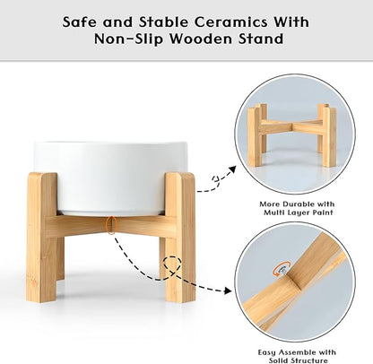 SPUNKYJUNKY Ceramic Elevated Dog Bowls 2 Pack - 8.3inch Raised Dog Bowls with Non-Slip Wooden Stand for Large Dogs Dishwasher Safe(White,60OZ*2)