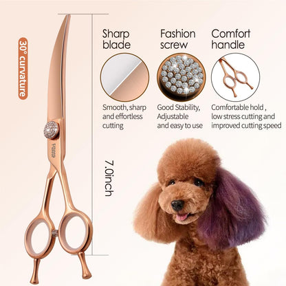 Rose Gold Titanium Curved Dog Grooming Scissors Reverse 7'' Downward 30° with Jewelled Screw Japan 440C Professional Pet Grooming Trimming Shears for Dogs Suzhi Teddy(7,Curved)