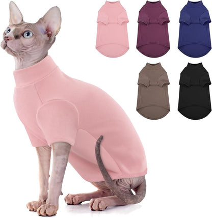 SUNFURA Turtleneck Sweater for Cat, Sphynx Cats Shirt Hairless Cat Sweaters with Sleeves, Warm and Soft Kitten Pullover Fleece Winter Pajamas Jumpsuit for Puppy Cats, Pink XL
