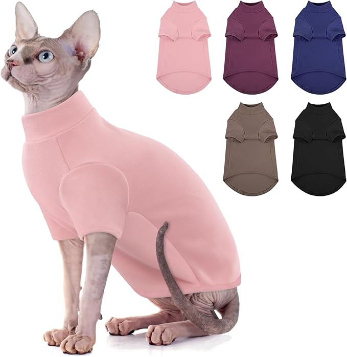 SUNFURA Turtleneck Sweater for Cat, Sphynx Cats Shirt Hairless Cat Sweaters with Sleeves, Warm and Soft Kitten Pullover Fleece Winter Pajamas Jumpsuit for Puppy Cats, Pink S