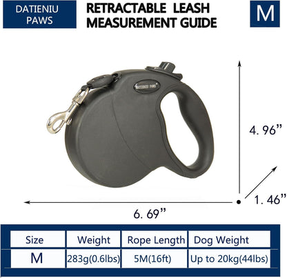 Retractable Dog Leash Hands-Free Adjustable Length 16ft with Safety Lock Durable Nylon Belt for Small Medium Large Dogs Easy Walk Training Portable Dog Leash Black M