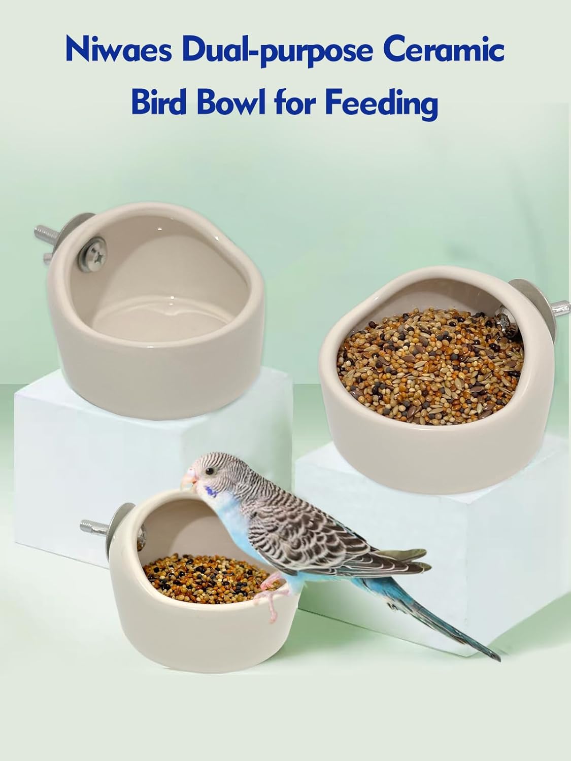 2 Pcs Ceramic Bird Food Bowl Hanging Parrot Food Bowl Pet Bird Bowls Birds Cage Holder for Budgie Finches Lovebirds Parakeet Cockatiels (White)