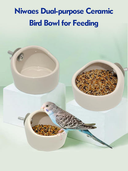 2 Pcs Ceramic Bird Food Bowl Hanging Parrot Food Bowl Pet Bird Bowls Birds Cage Holder for Budgie Finches Lovebirds Parakeet Cockatiels (White)