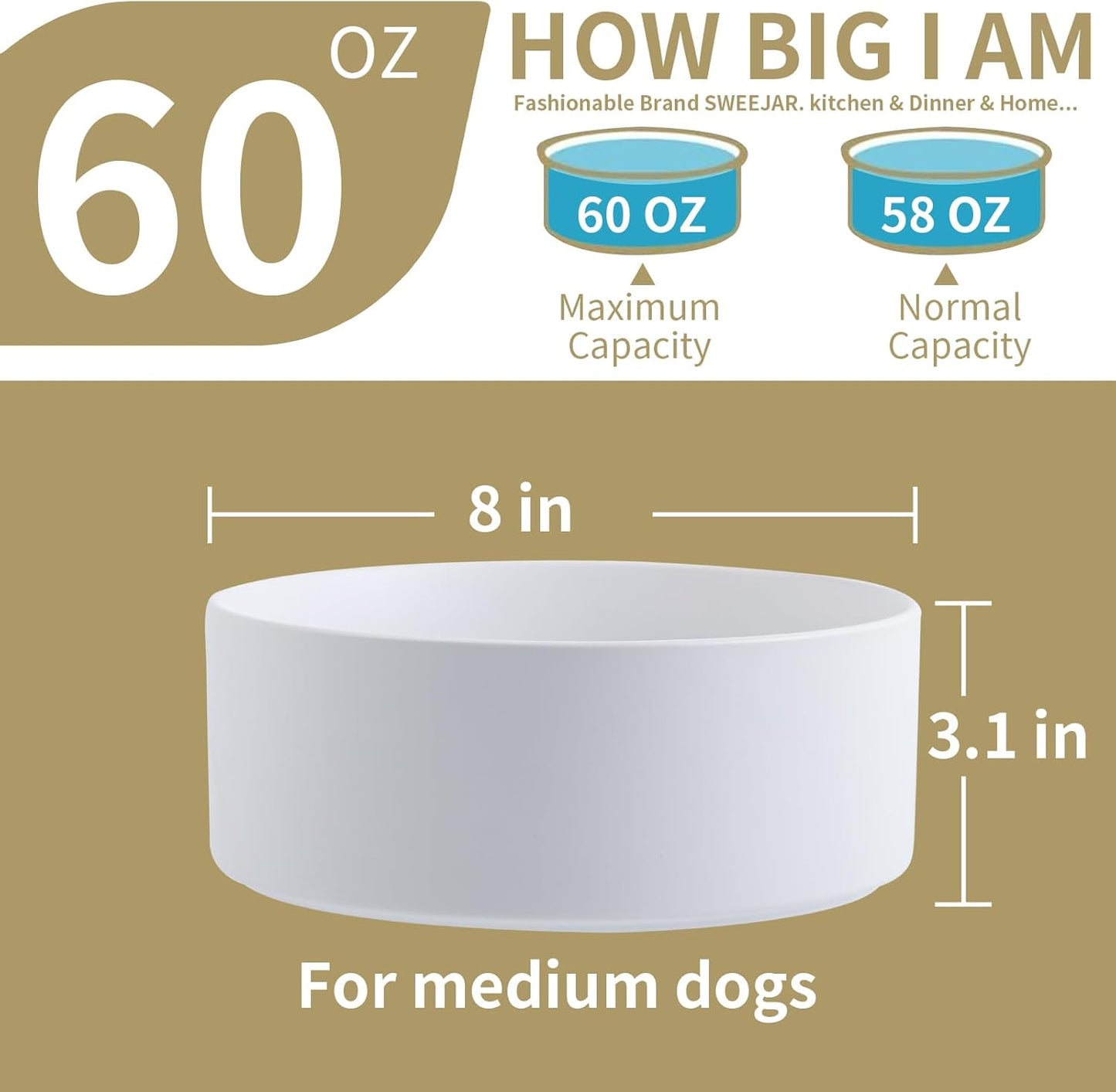White Elevated/Raised Dog Bowl Ceramic for Medium Large Sized Breed,Dog Food Water Bowl with Stand,8 in 7.6 Cups Non Slip Heavy Weighted