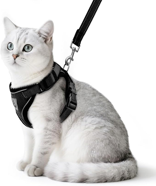 PUPTECK Cat Harness and Leash Set Escape Proof Reflective Cat Walking Harness Adjustable Soft Breathable Mesh Vest for Small Pets, Black, L